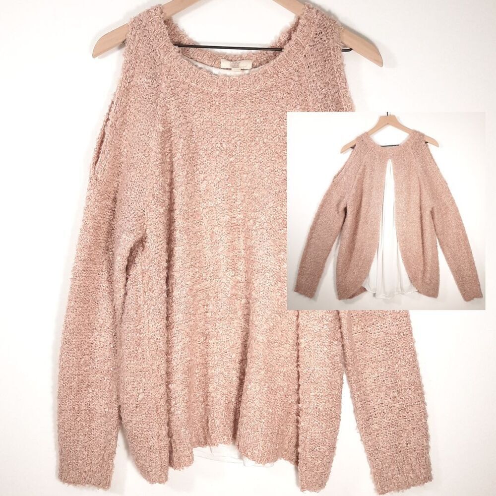Cupio Oversized Sweater SZ Large Baby Pink Knit Romantic Boho Open Shoulder